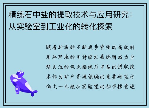 精练石中盐的提取技术与应用研究：从实验室到工业化的转化探索